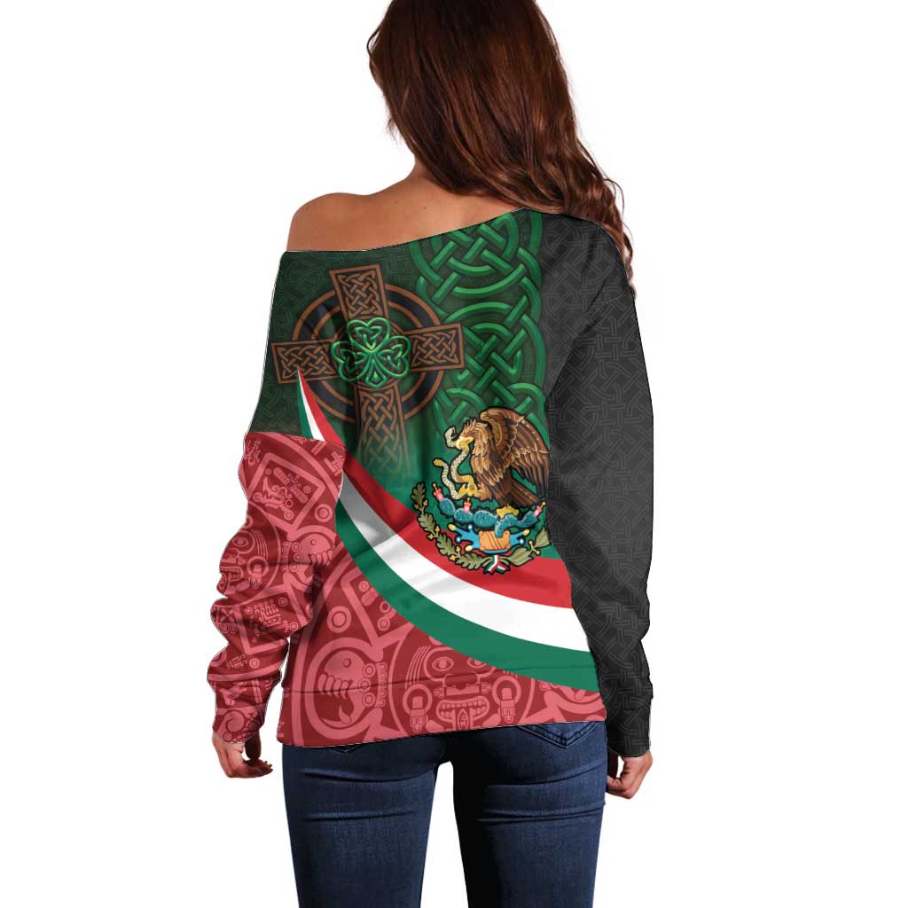 Mexico and Ireland Together Off Shoulder Sweater Aztec Sun Mix Celtic Shamrock - Wonder Print Shop