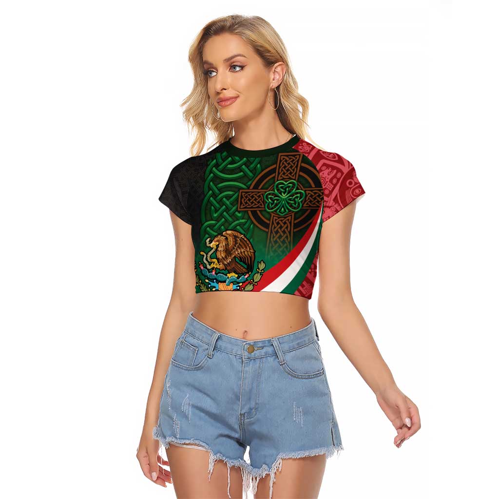 Mexico and Ireland Together Raglan Cropped T Shirt Aztec Sun Mix Celtic Shamrock - Wonder Print Shop