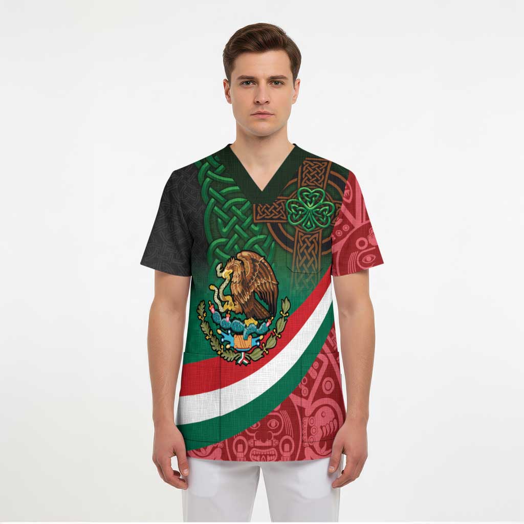 Mexico and Ireland Together Scrub Top Aztec Sun Mix Celtic Shamrock - Wonder Print Shop