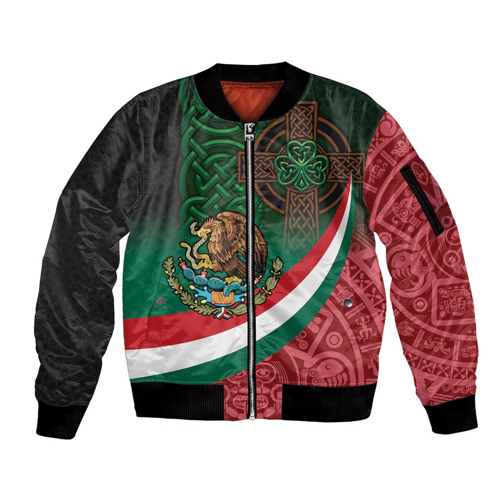 Mexico and Ireland Together Sleeve Zip Bomber Jacket Aztec Sun Mix Celtic Shamrock - Wonder Print Shop