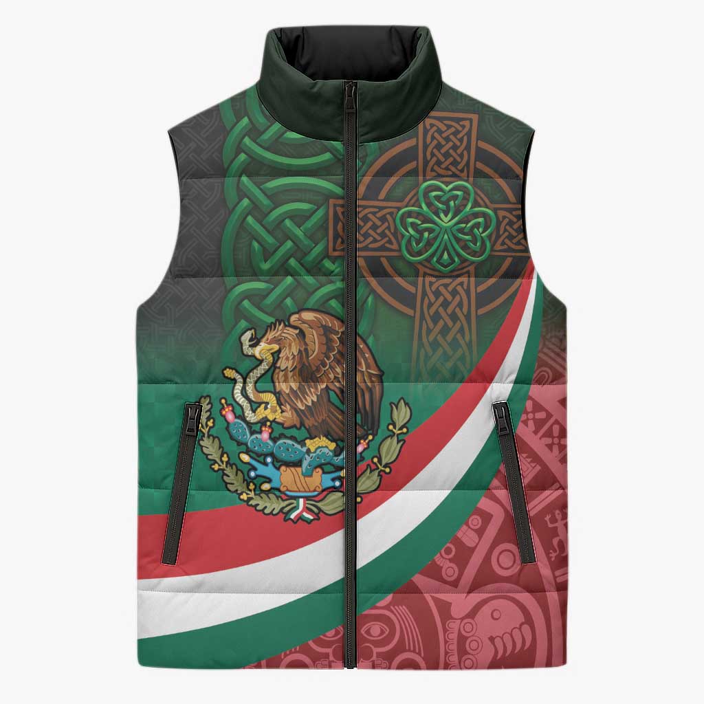 Mexico and Ireland Together Sleeveless Puffer Jacket Aztec Sun Mix Celtic Shamrock - Wonder Print Shop