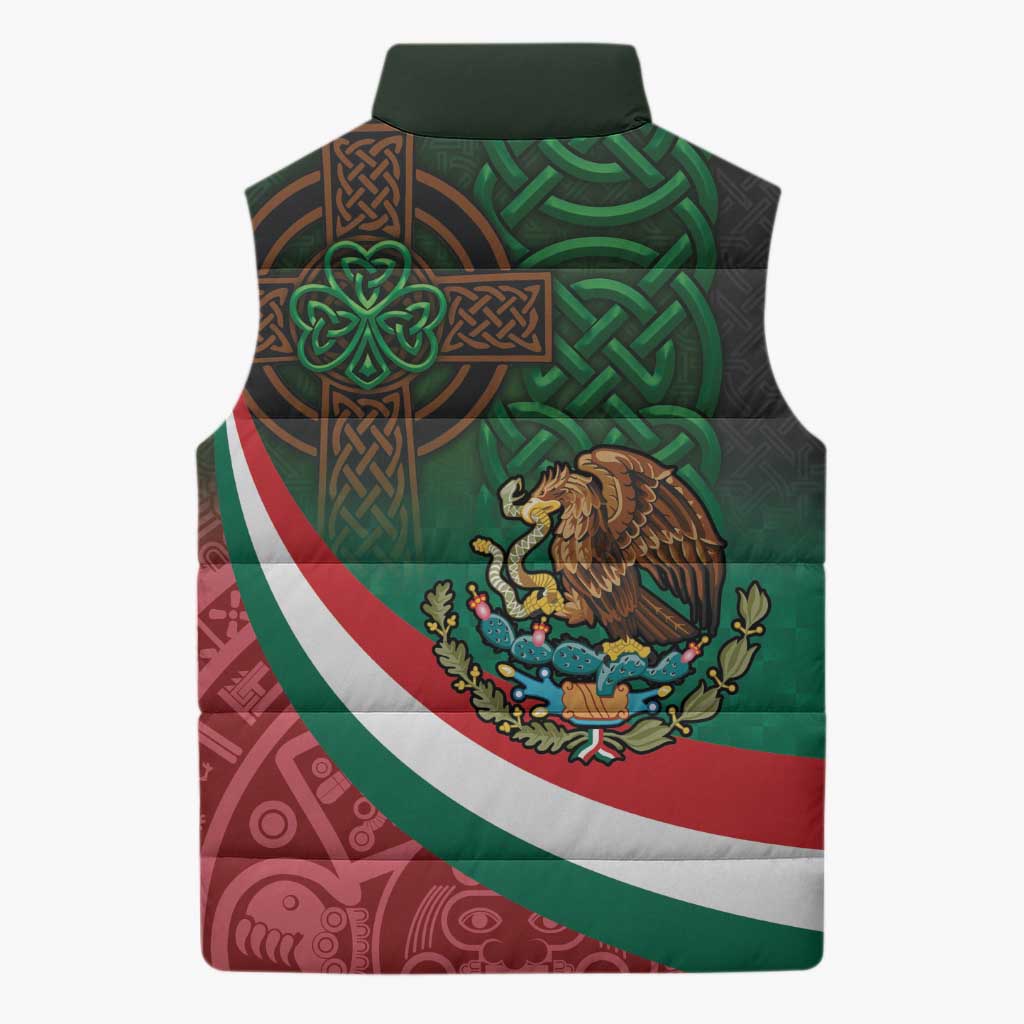 Mexico and Ireland Together Sleeveless Puffer Jacket Aztec Sun Mix Celtic Shamrock - Wonder Print Shop