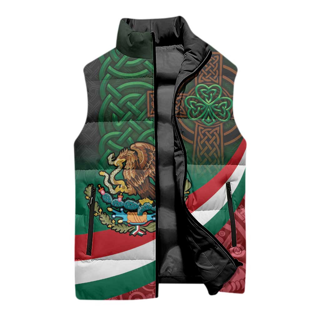Mexico and Ireland Together Sleeveless Puffer Jacket Aztec Sun Mix Celtic Shamrock - Wonder Print Shop
