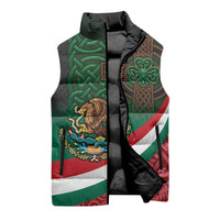 Mexico and Ireland Together Sleeveless Puffer Jacket Aztec Sun Mix Celtic Shamrock - Wonder Print Shop