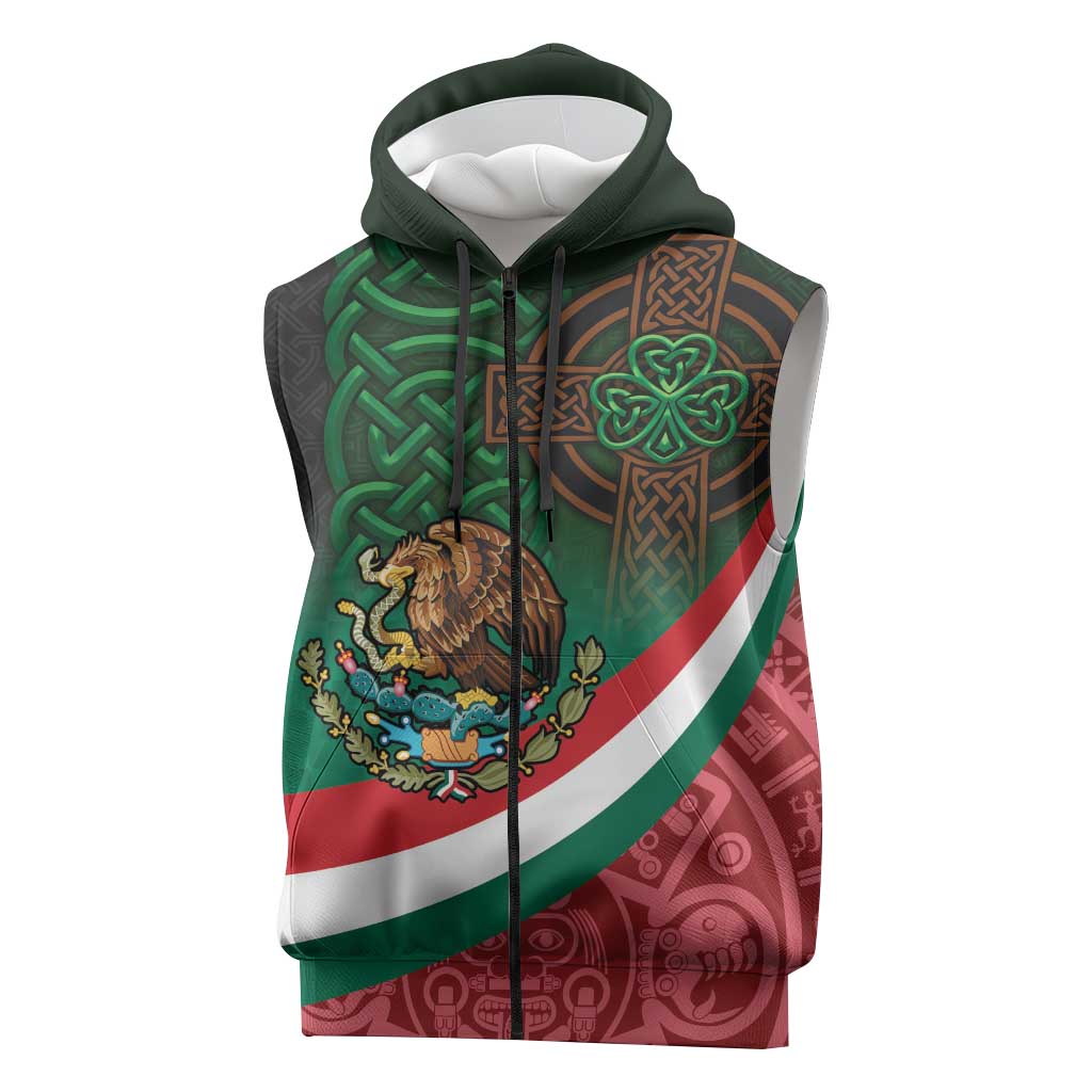 Mexico and Ireland Together Sleeveless Zip Hoodie Aztec Sun Mix Celtic Shamrock - Wonder Print Shop