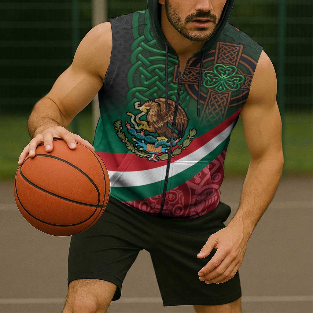 Mexico and Ireland Together Sleeveless Zip Hoodie Aztec Sun Mix Celtic Shamrock - Wonder Print Shop