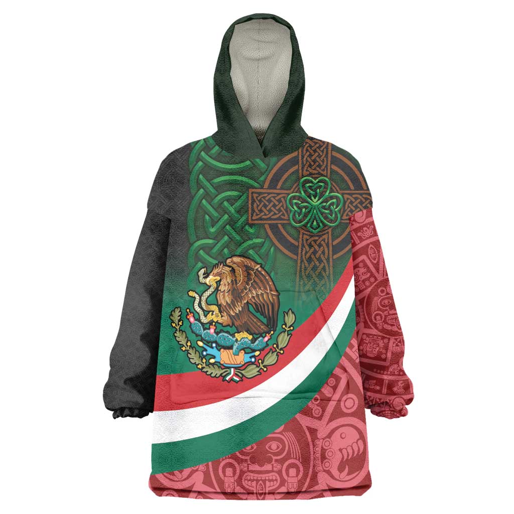 Mexico and Ireland Together Wearable Blanket Hoodie Aztec Sun Mix Celtic Shamrock - Wonder Print Shop