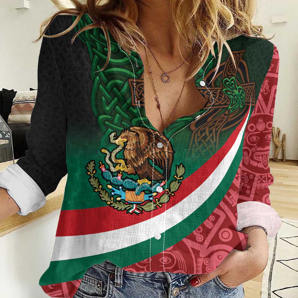 Mexico and Ireland Together Women Casual Shirt Aztec Sun Mix Celtic Shamrock - Wonder Print Shop