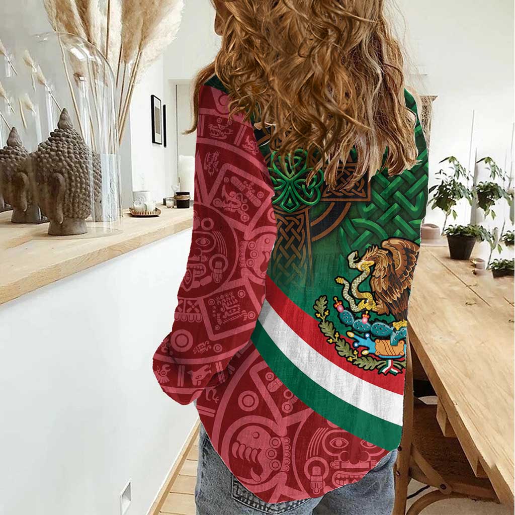 Mexico and Ireland Together Women Casual Shirt Aztec Sun Mix Celtic Shamrock - Wonder Print Shop