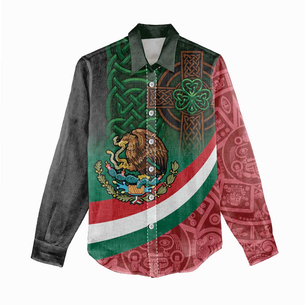 Mexico and Ireland Together Women Casual Shirt Aztec Sun Mix Celtic Shamrock - Wonder Print Shop