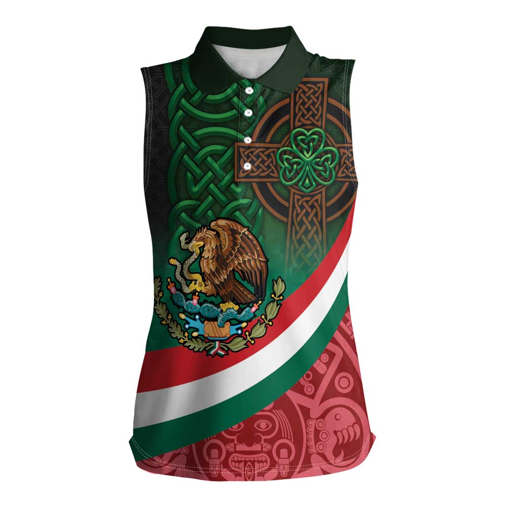 Mexico and Ireland Together Women Sleeveless Polo Shirt Aztec Sun Mix Celtic Shamrock - Wonder Print Shop