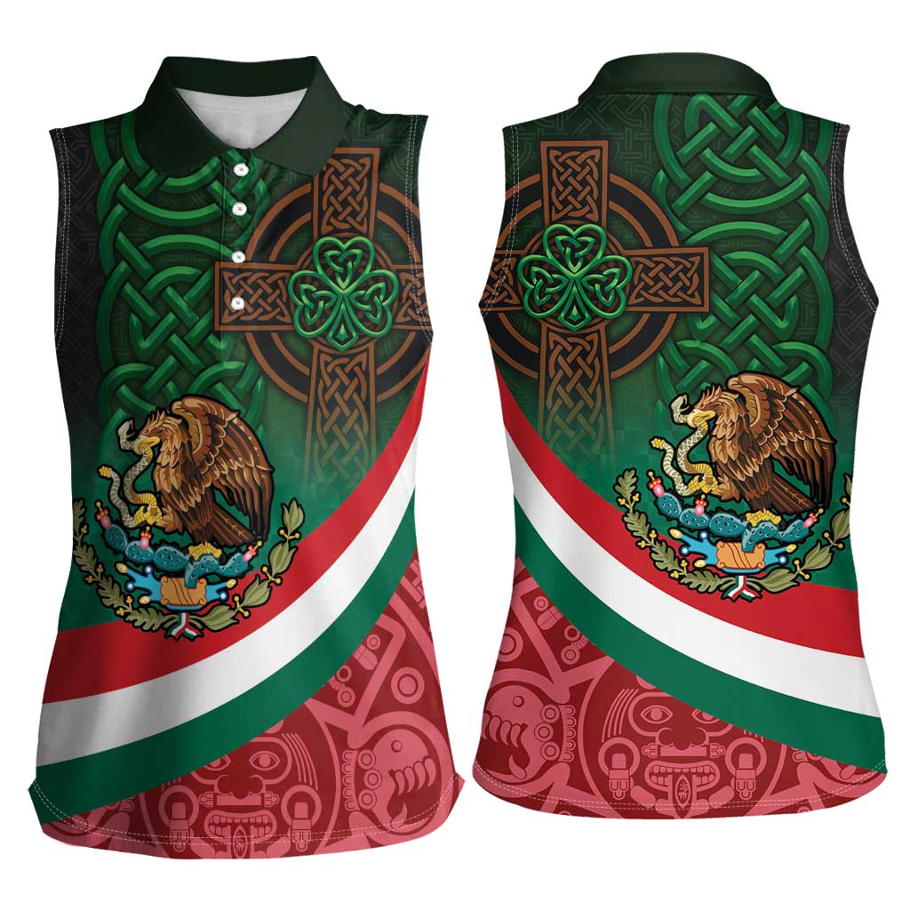 Mexico and Ireland Together Women Sleeveless Polo Shirt Aztec Sun Mix Celtic Shamrock - Wonder Print Shop