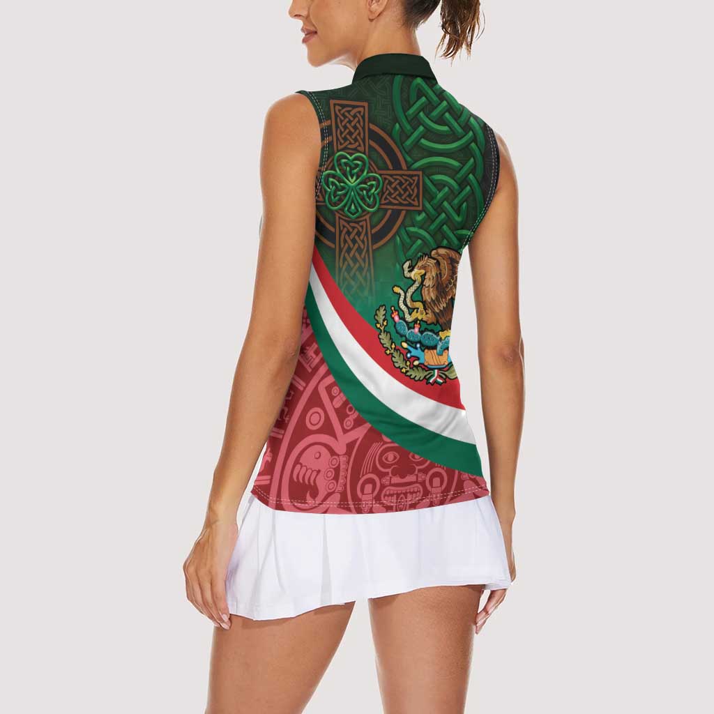 Mexico and Ireland Together Women Sleeveless Polo Shirt Aztec Sun Mix Celtic Shamrock - Wonder Print Shop