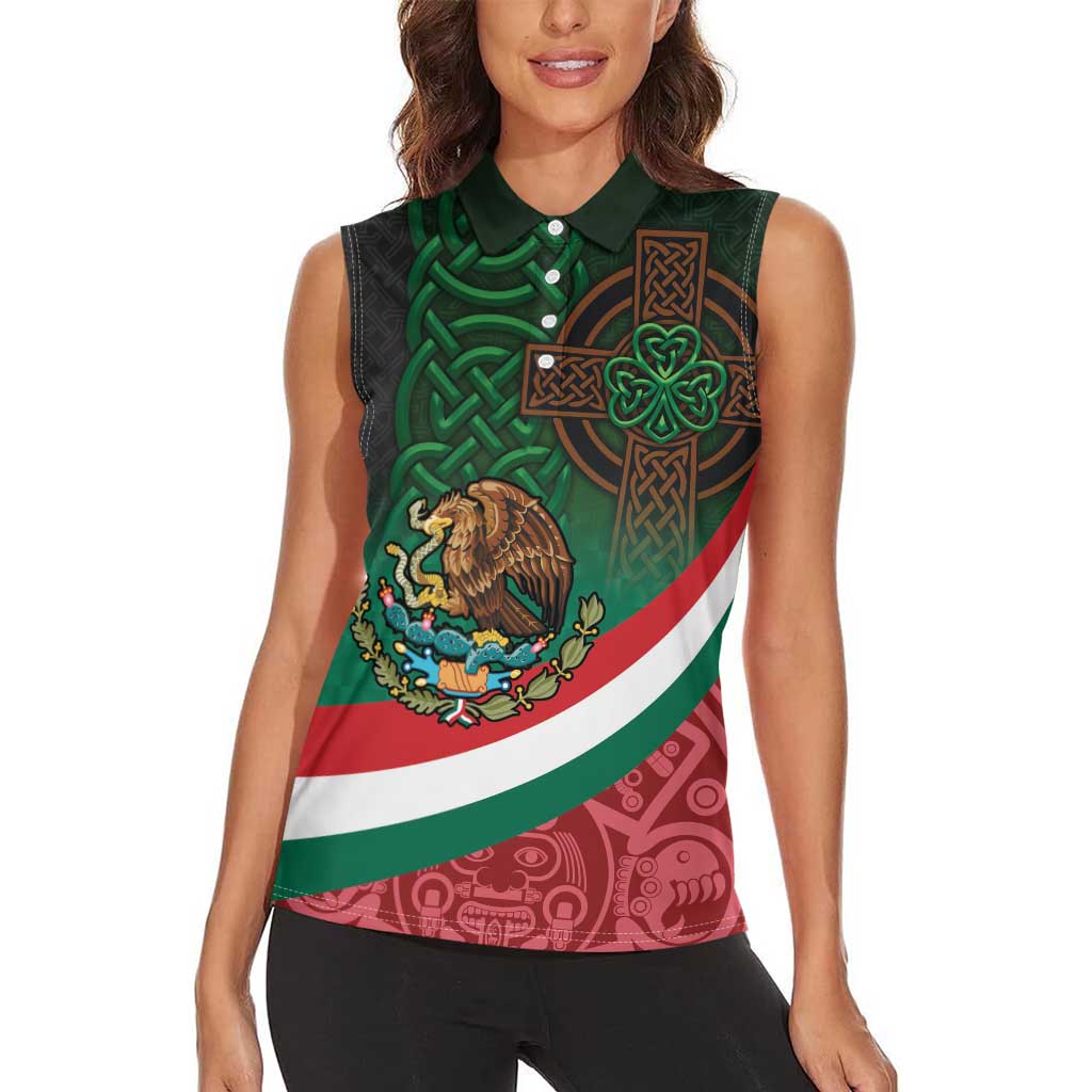 Mexico and Ireland Together Women Sleeveless Polo Shirt Aztec Sun Mix Celtic Shamrock - Wonder Print Shop