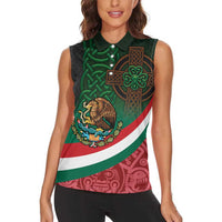 Mexico and Ireland Together Women Sleeveless Polo Shirt Aztec Sun Mix Celtic Shamrock - Wonder Print Shop