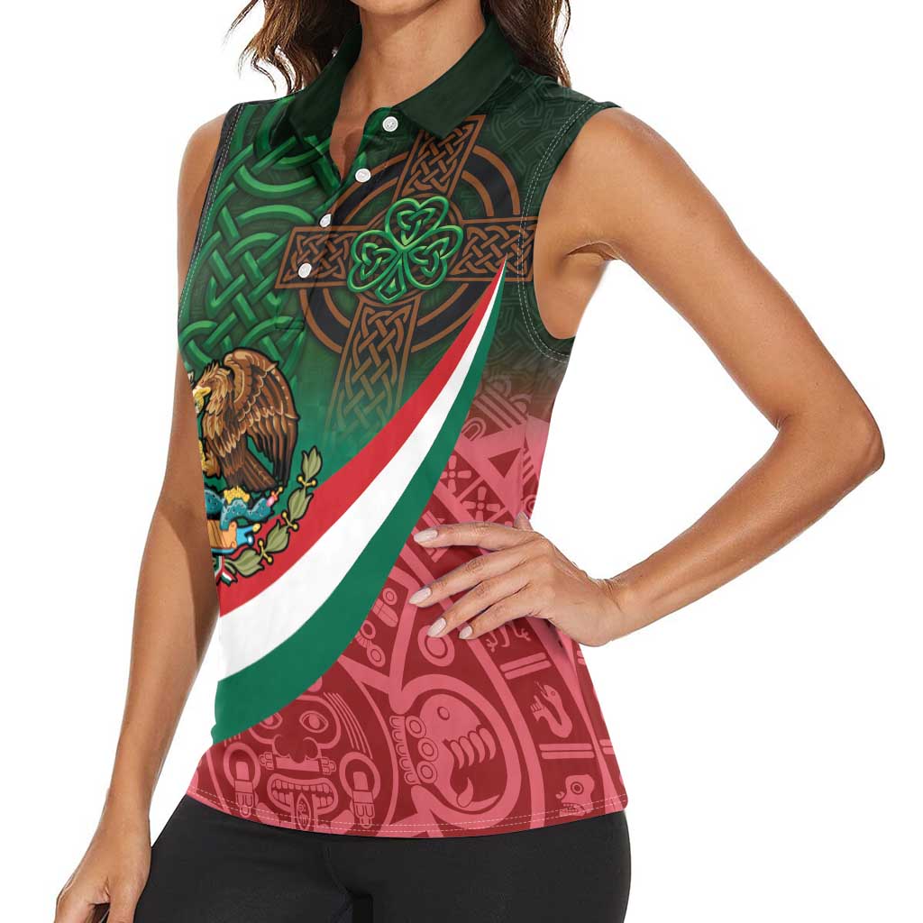 Mexico and Ireland Together Women Sleeveless Polo Shirt Aztec Sun Mix Celtic Shamrock - Wonder Print Shop