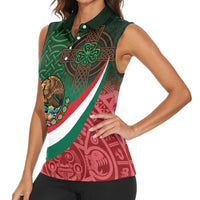 Mexico and Ireland Together Women Sleeveless Polo Shirt Aztec Sun Mix Celtic Shamrock - Wonder Print Shop