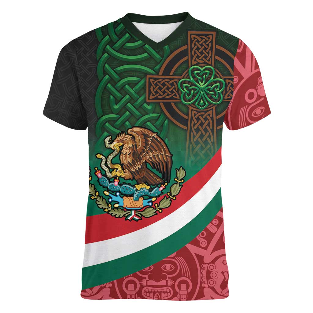 Mexico and Ireland Together Women V-Neck T-Shirt Aztec Sun Mix Celtic Shamrock - Wonder Print Shop