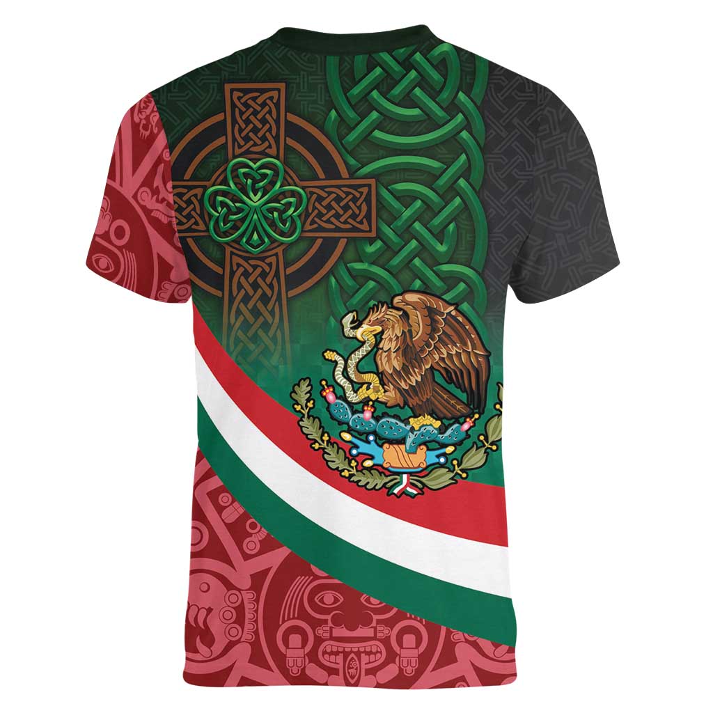 Mexico and Ireland Together Women V-Neck T-Shirt Aztec Sun Mix Celtic Shamrock - Wonder Print Shop