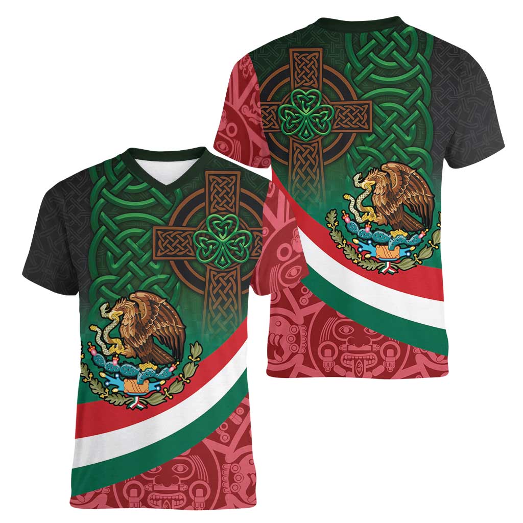 Mexico and Ireland Together Women V-Neck T-Shirt Aztec Sun Mix Celtic Shamrock - Wonder Print Shop
