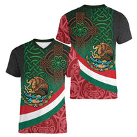 Mexico and Ireland Together Women V-Neck T-Shirt Aztec Sun Mix Celtic Shamrock - Wonder Print Shop