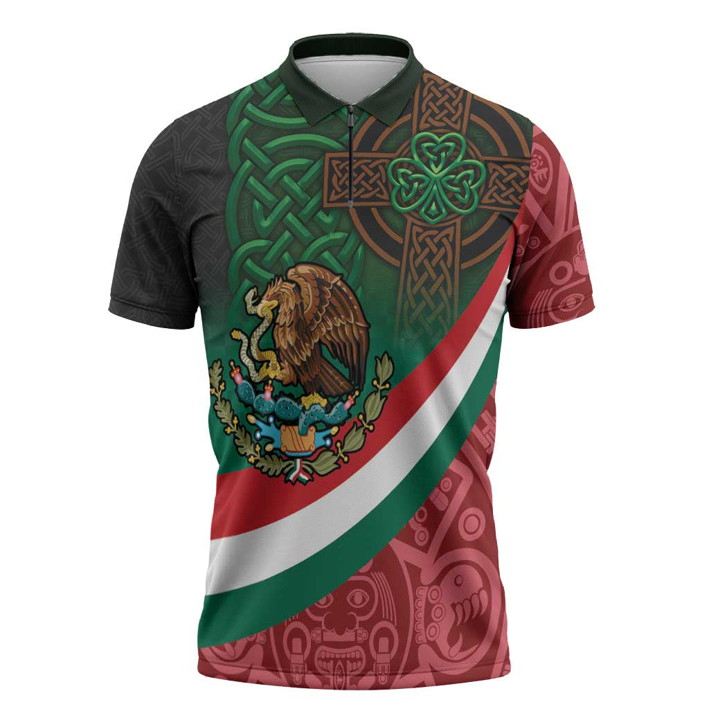Mexico and Ireland Together Zipper Polo Shirt Aztec Sun Mix Celtic Shamrock - Wonder Print Shop