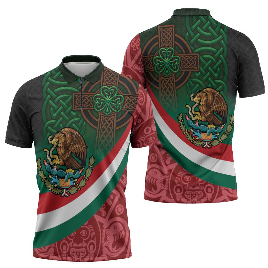 Mexico and Ireland Together Zipper Polo Shirt Aztec Sun Mix Celtic Shamrock - Wonder Print Shop