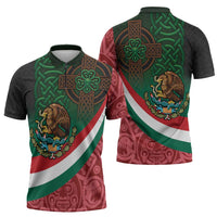 Mexico and Ireland Together Zipper Polo Shirt Aztec Sun Mix Celtic Shamrock - Wonder Print Shop