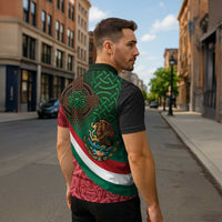 Mexico and Ireland Together Zipper Polo Shirt Aztec Sun Mix Celtic Shamrock - Wonder Print Shop