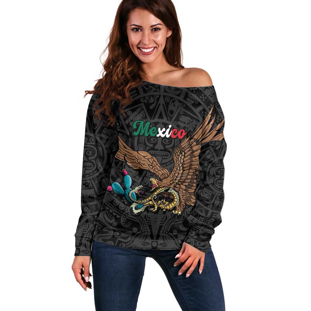 Black Mexico Aztec Custom Off Shoulder Sweater Special Edition Heritage - Wonder Print Shop