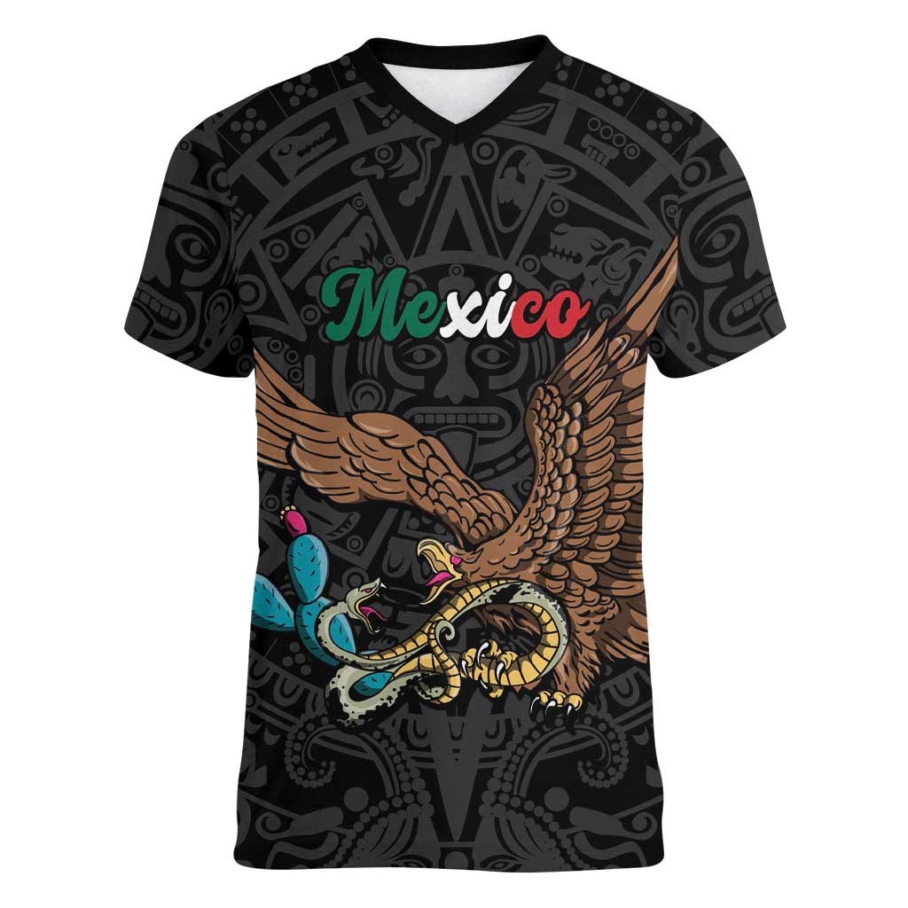Black Mexico Aztec Custom Women V-Neck T-Shirt Special Edition Heritage - Wonder Print Shop