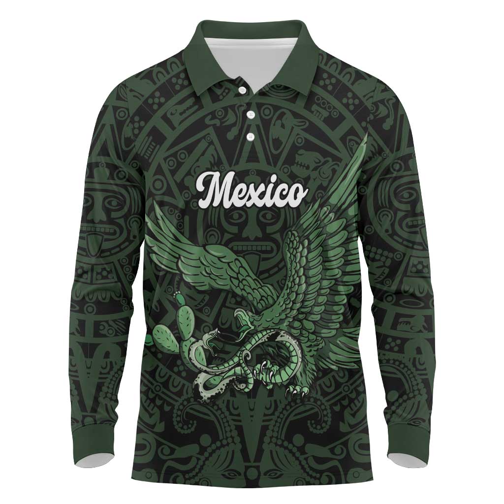 Green Mexico Aztec Custom Long Sleeve Polo Shirt Special Edition Heritage - Wonder Print Shop