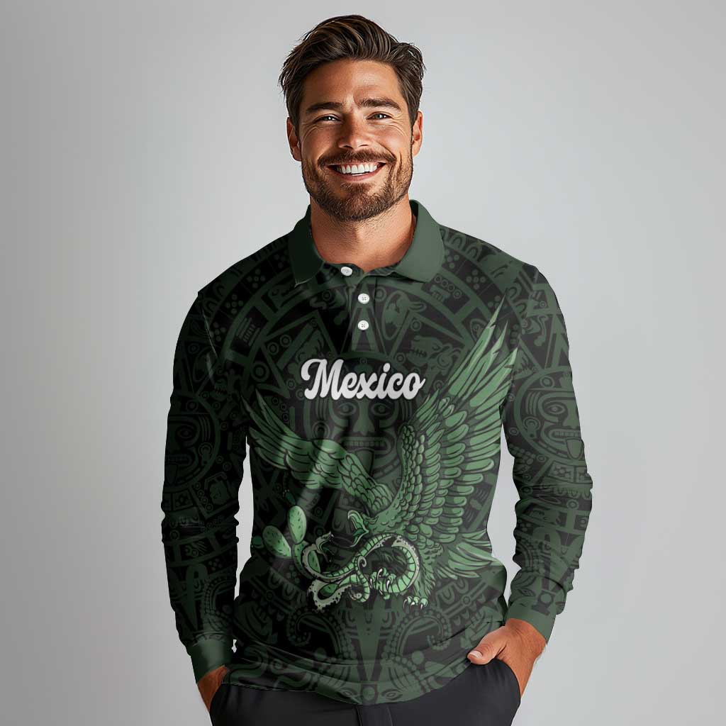 Green Mexico Aztec Custom Long Sleeve Polo Shirt Special Edition Heritage - Wonder Print Shop