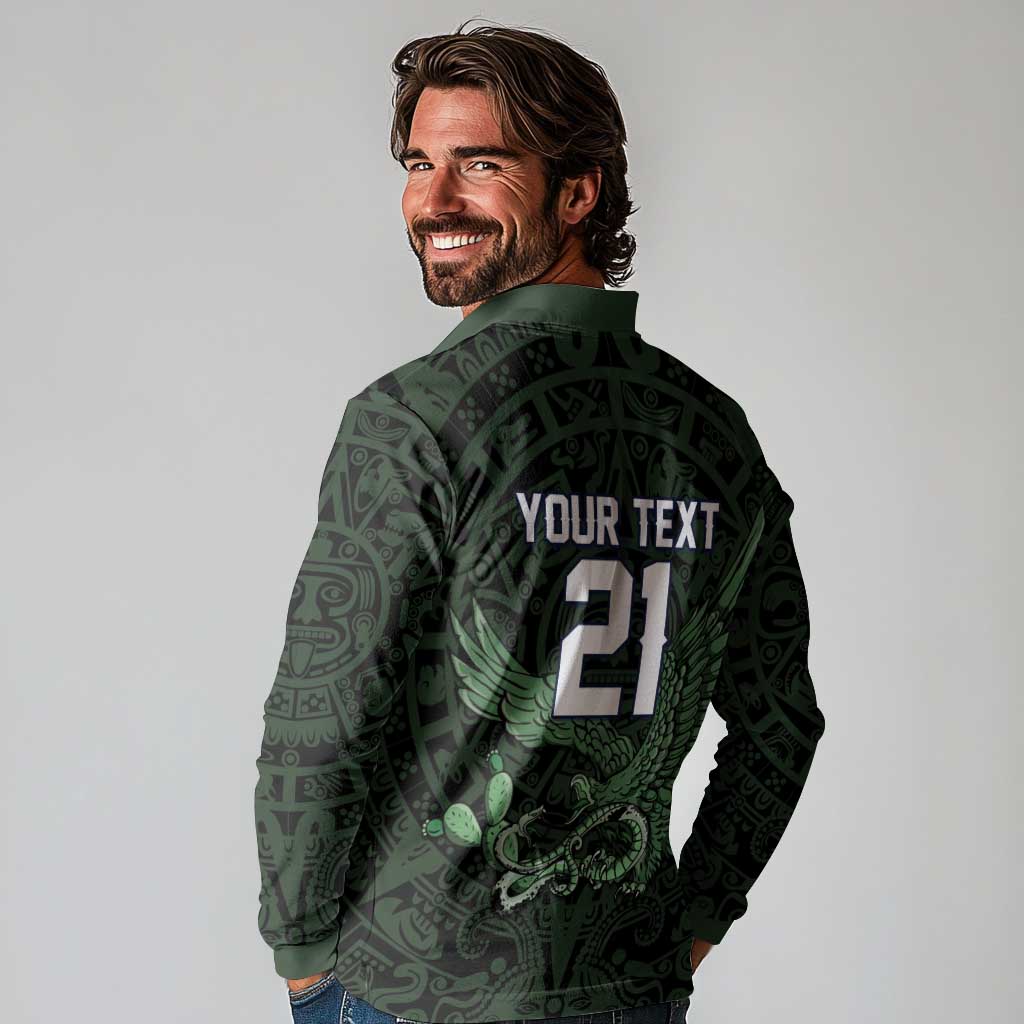 Green Mexico Aztec Custom Long Sleeve Polo Shirt Special Edition Heritage - Wonder Print Shop