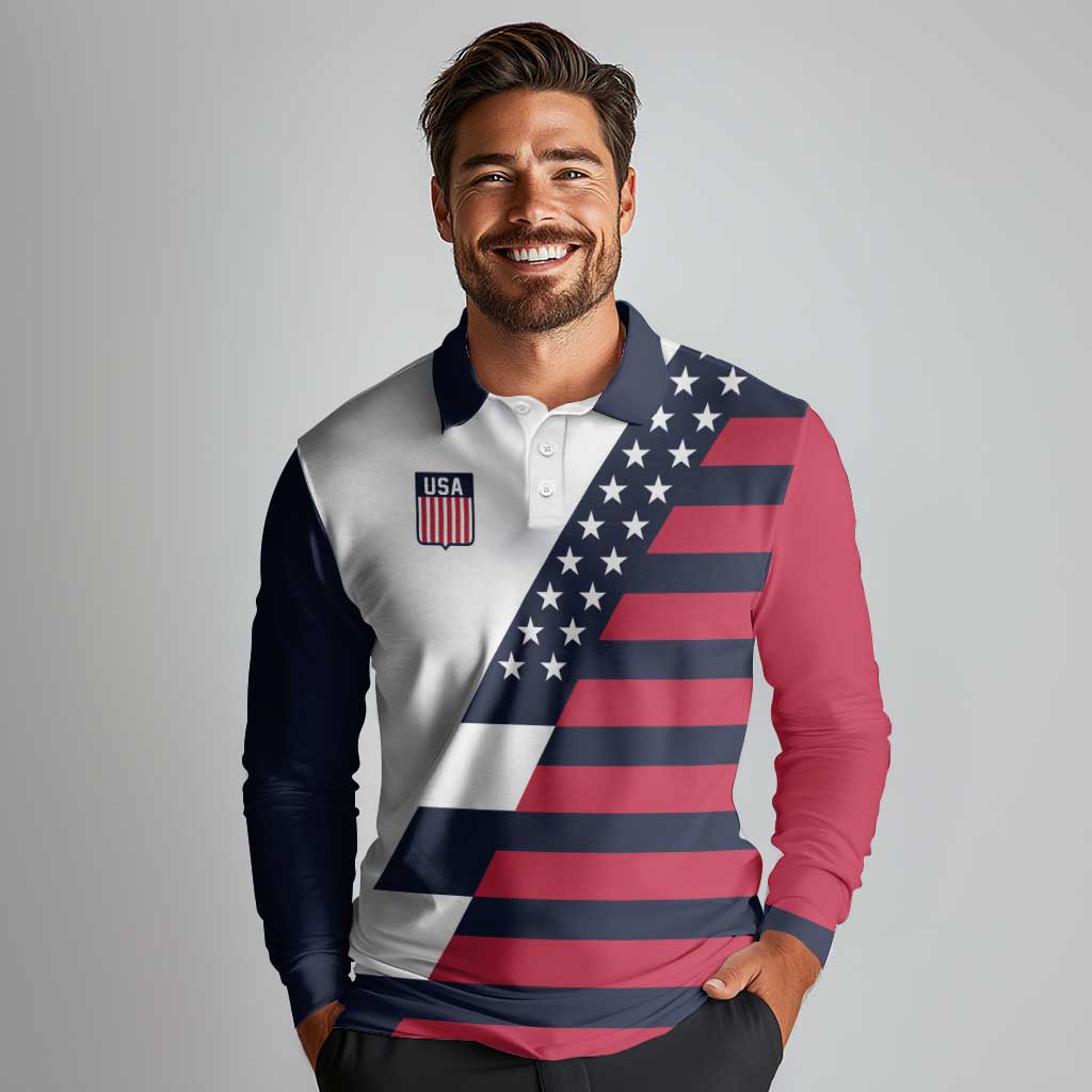 Custom World Soccer United States 2026 Long Sleeve Polo Shirt Simple Stars and Stripes - Wonder Print Shop