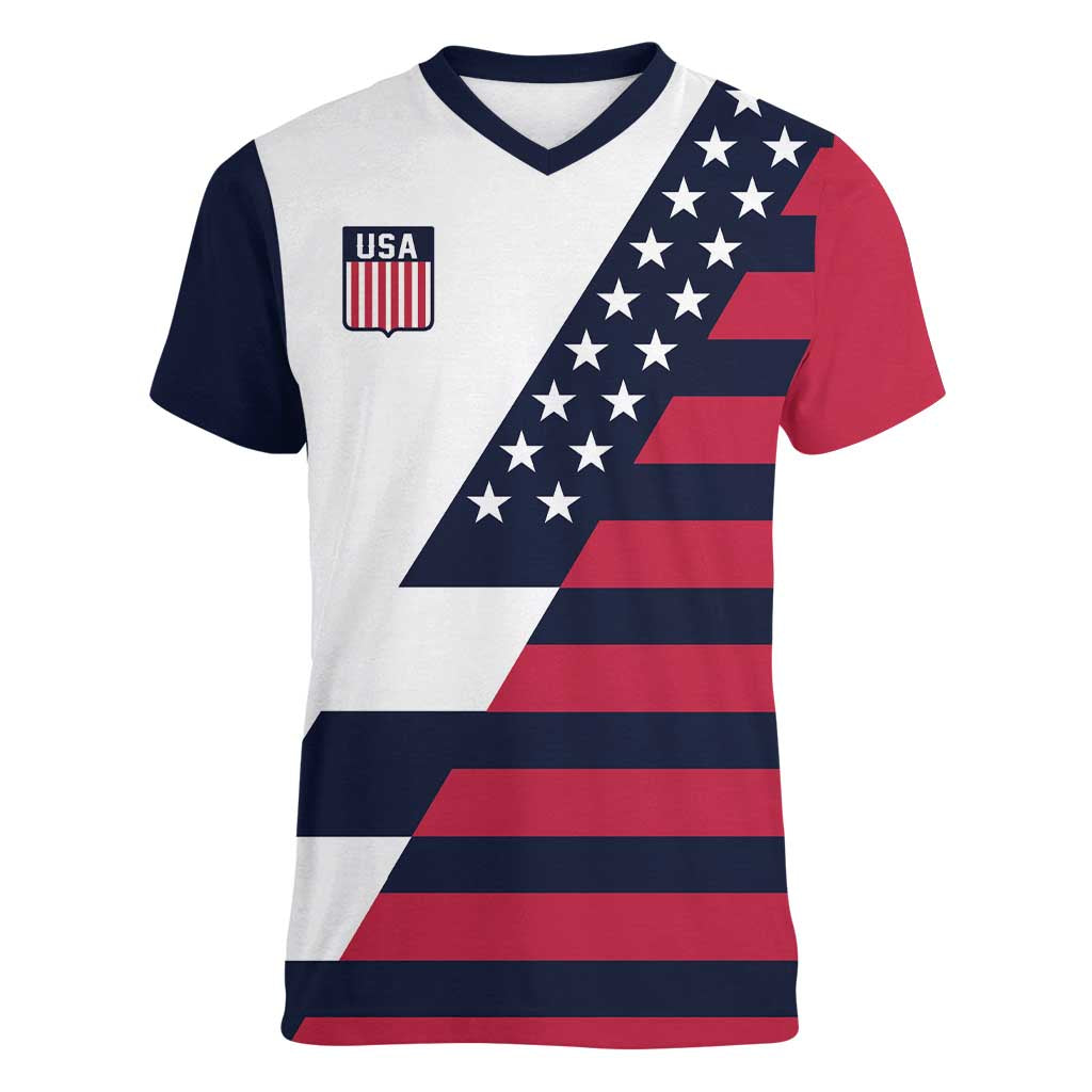Custom World Soccer United States 2026 Women V-Neck T-Shirt Simple Stars and Stripes - Wonder Print Shop