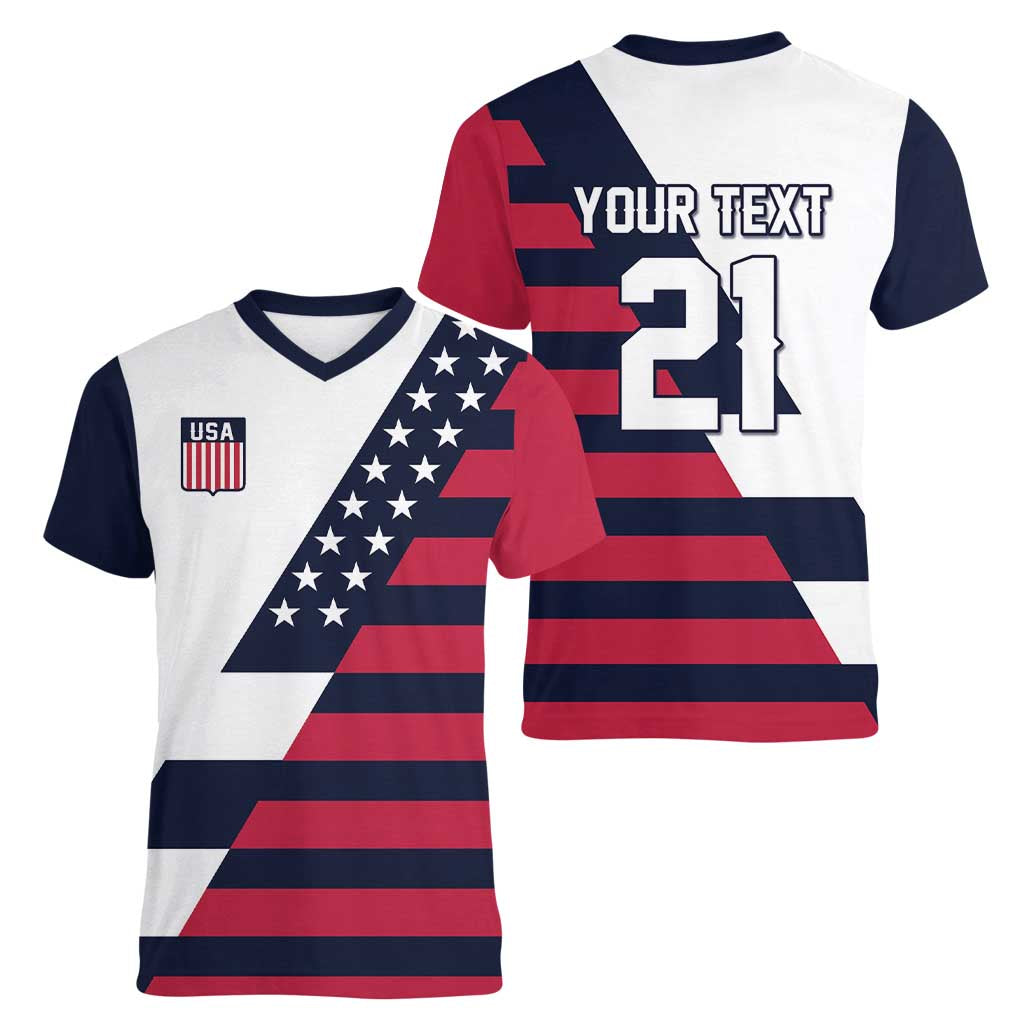 Custom World Soccer United States 2026 Women V-Neck T-Shirt Simple Stars and Stripes - Wonder Print Shop