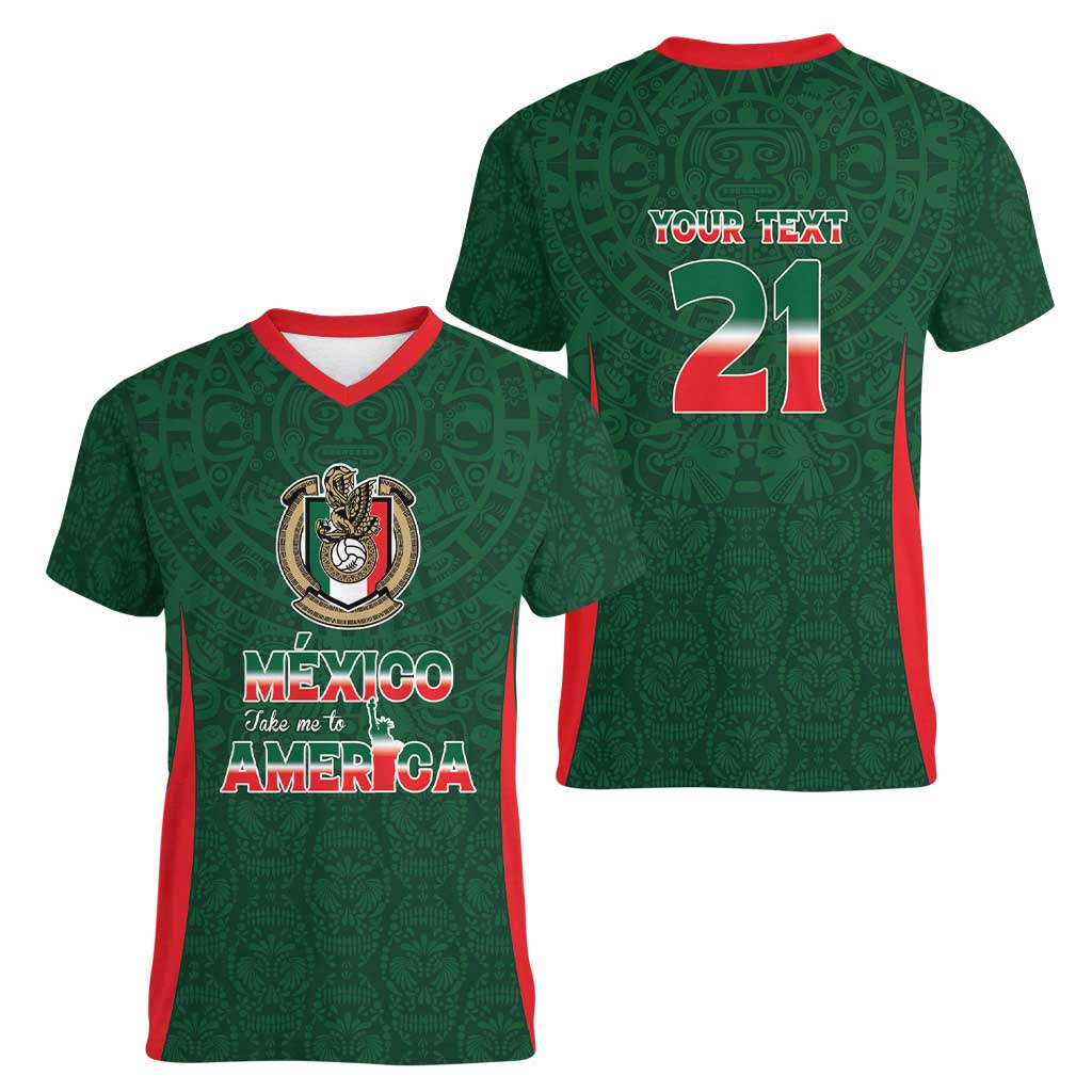 Custom Mexico Football Dream 2026 Women V-Neck T-Shirt Aztec Take Me To America