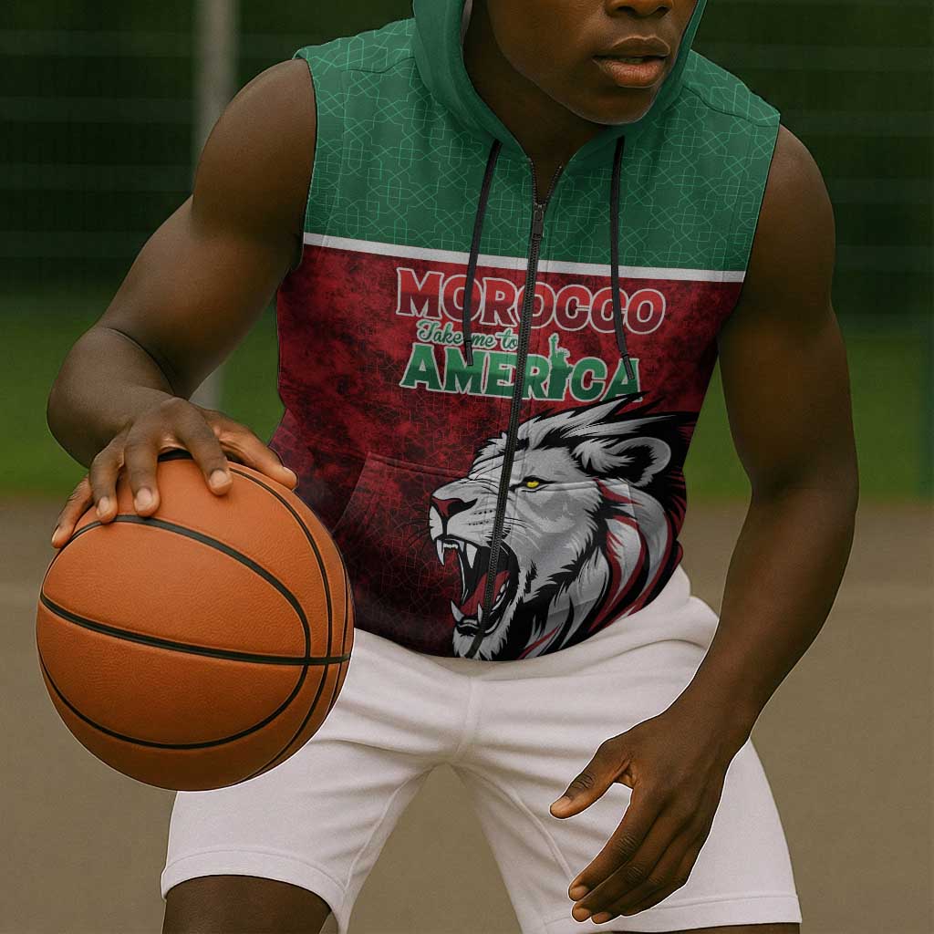 Custom Morocco Football Dream 2026 Sleeveless Zip Hoodie Atlas Lions Journey To America