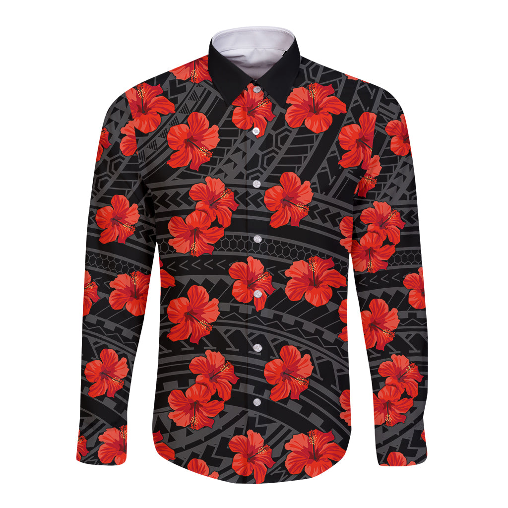 Polynesian Pride Hawaii Style With Hibiscus Long Sleeve Button Shirt Black - Wonder Print Shop