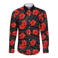 Polynesian Pride Hawaii Style With Hibiscus Long Sleeve Button Shirt Black - Wonder Print Shop