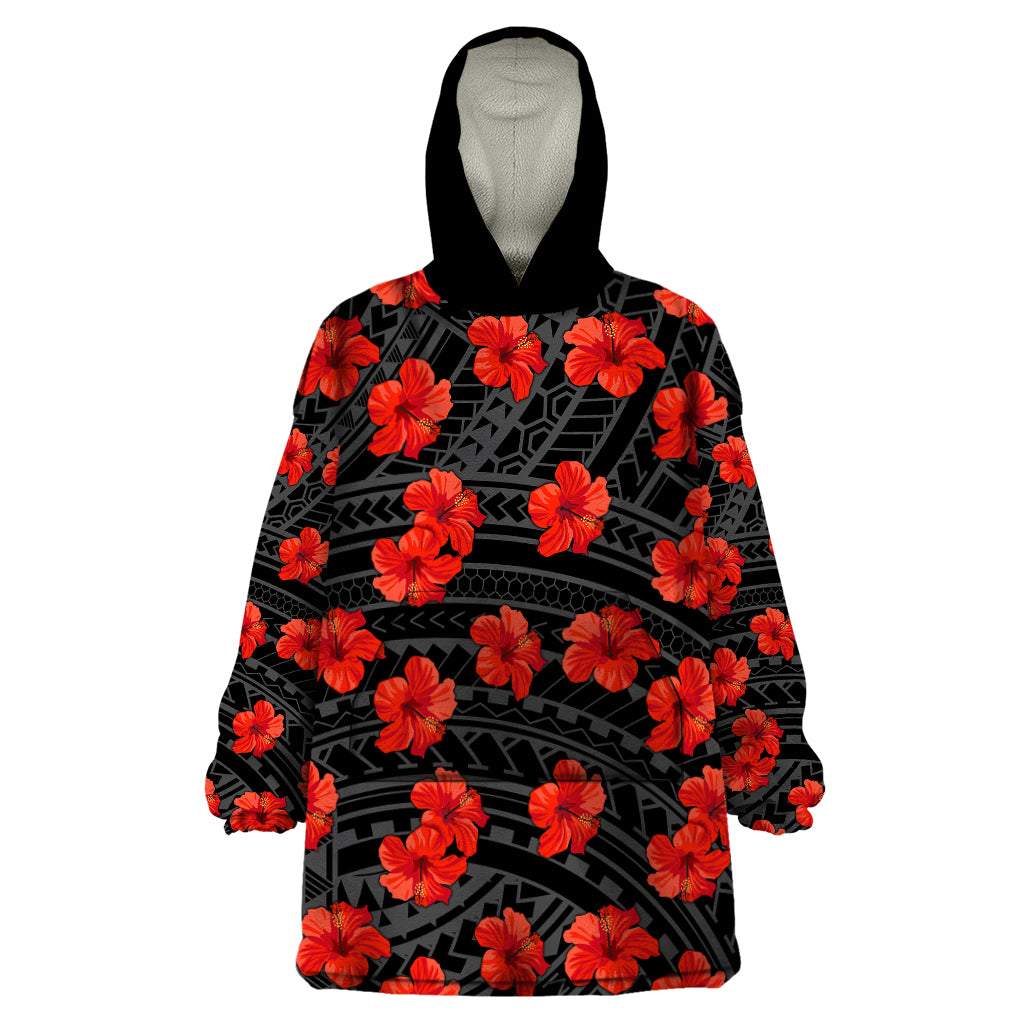 Polynesian Pride Hawaii Style With Hibiscus Wearable Blanket Hoodie Black - Wonder Print Shop