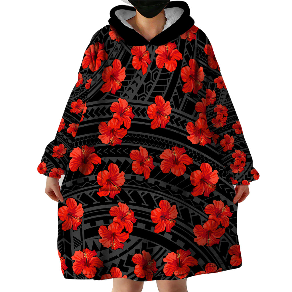 Polynesian Pride Hawaii Style With Hibiscus Wearable Blanket Hoodie Black - Wonder Print Shop