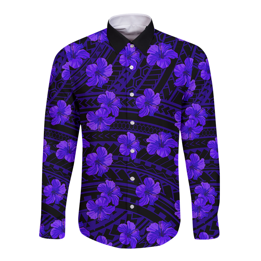 Polynesian Pride Hawaii Style With Hibiscus Long Sleeve Button Shirt Blue - Wonder Print Shop