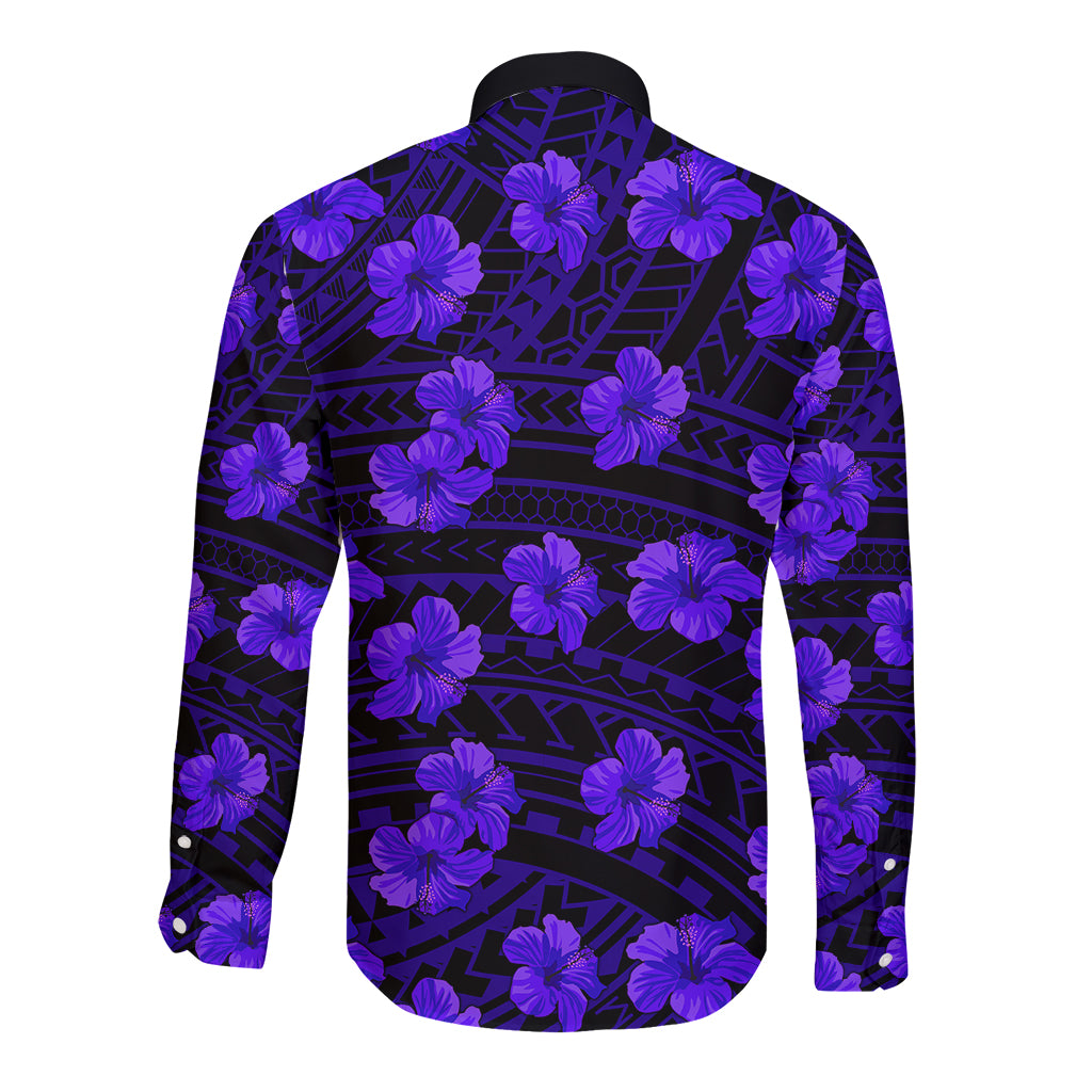 Polynesian Pride Hawaii Style With Hibiscus Long Sleeve Button Shirt Blue - Wonder Print Shop