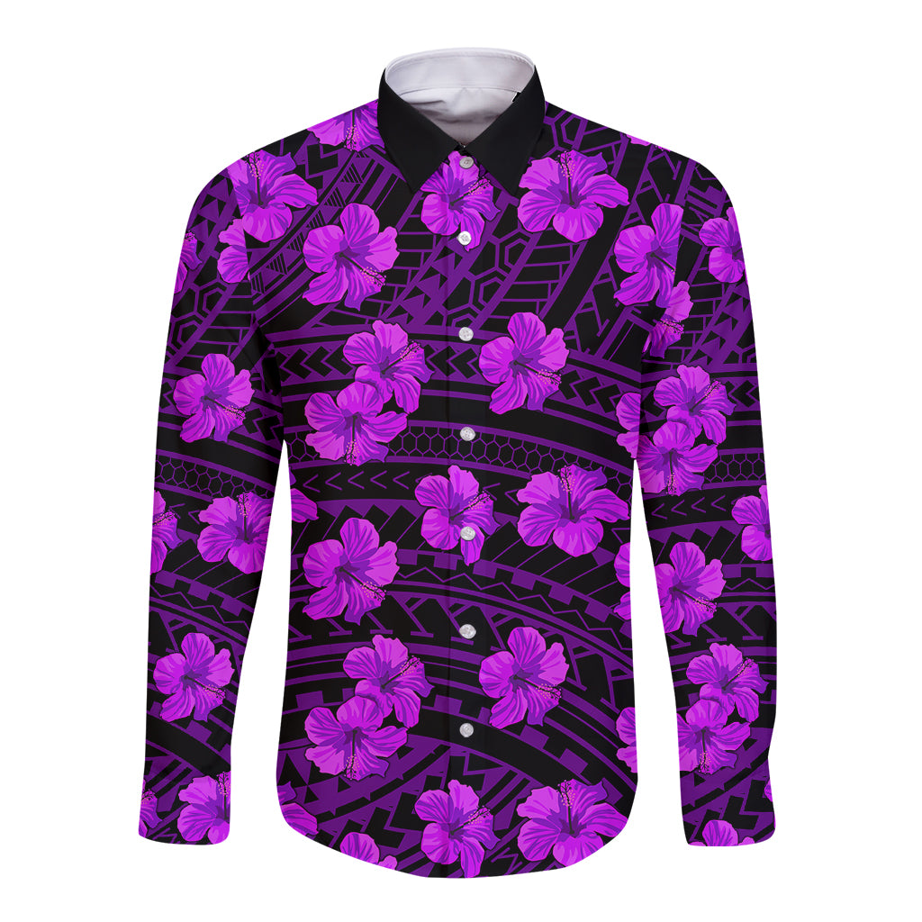Polynesian Pride Hawaii Style With Hibiscus Long Sleeve Button Shirt Purple - Wonder Print Shop