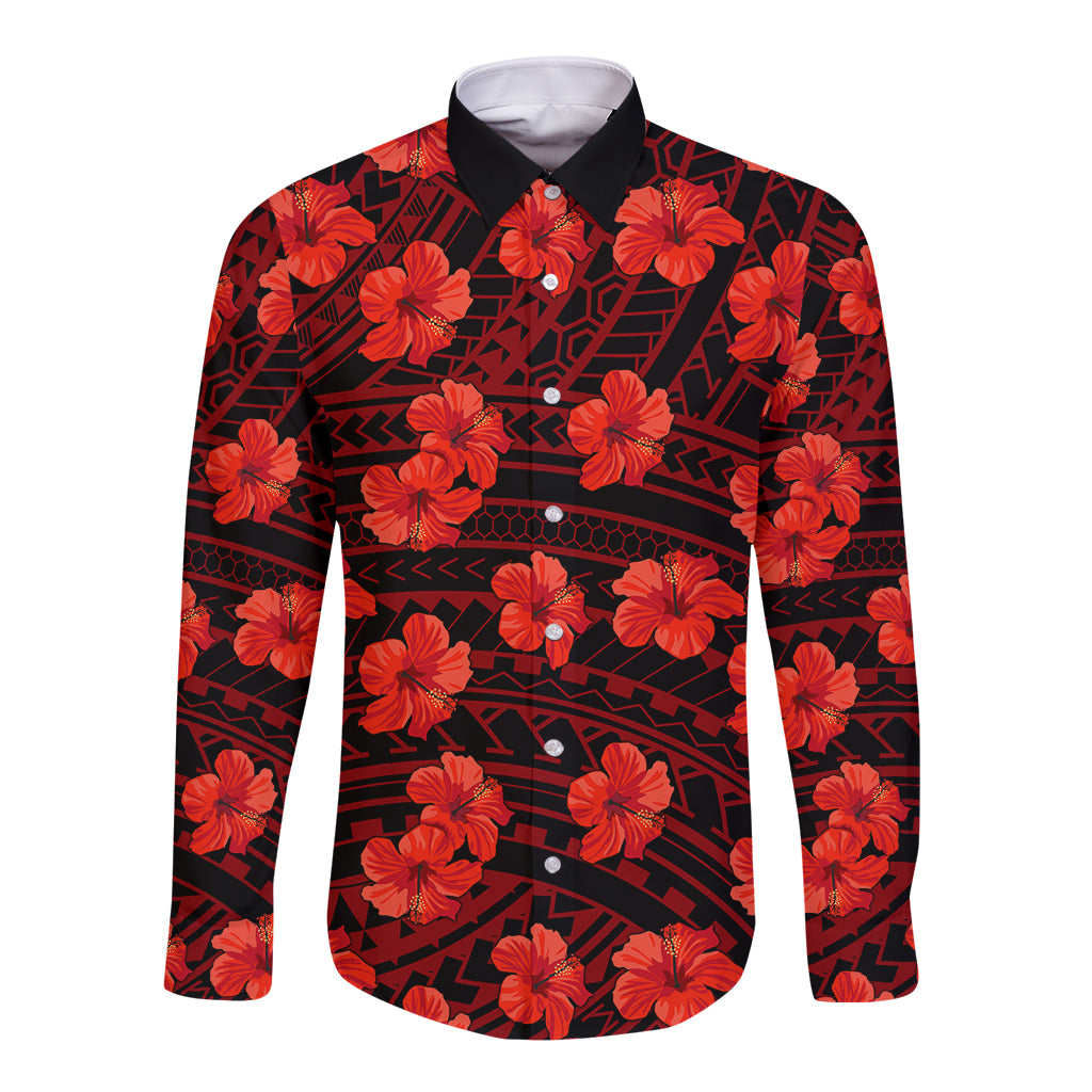 Polynesian Pride Hawaii Style With Hibiscus Long Sleeve Button Shirt Red - Wonder Print Shop