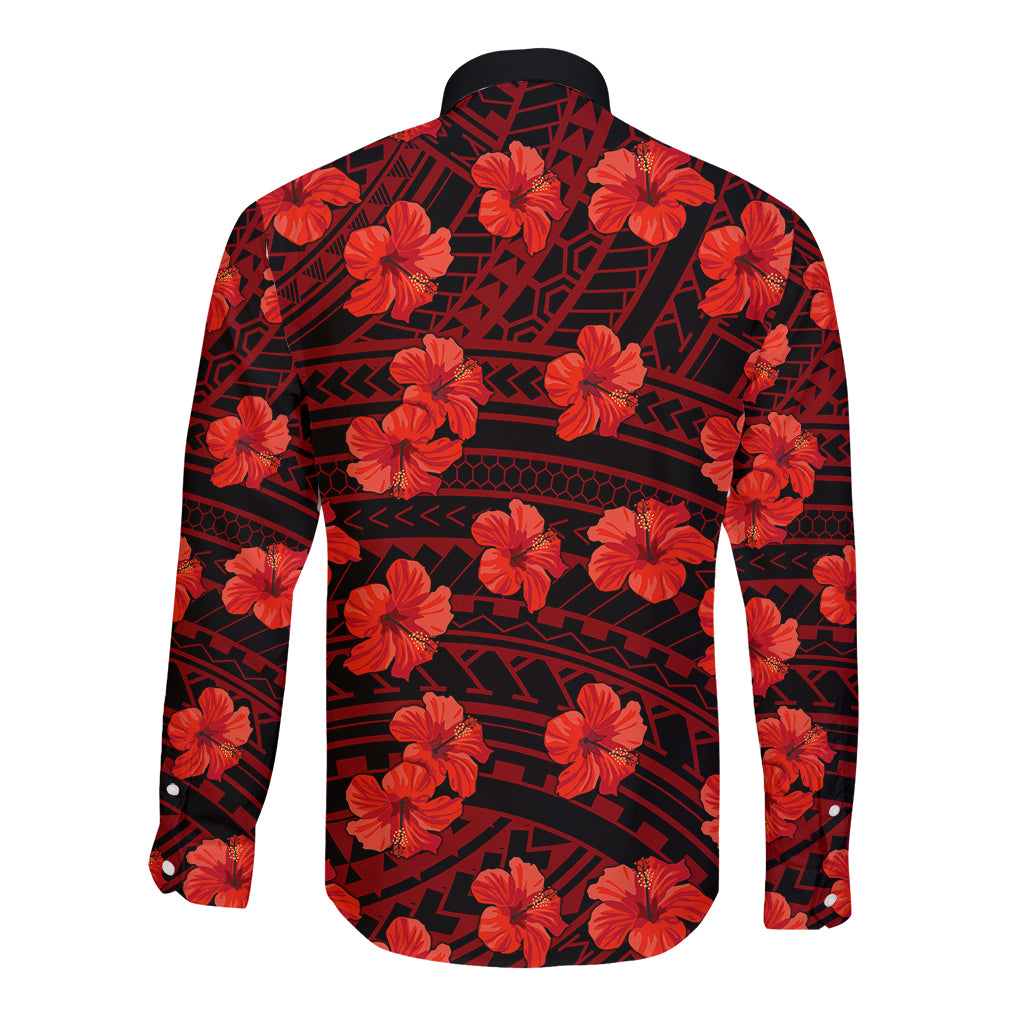 Polynesian Pride Hawaii Style With Hibiscus Long Sleeve Button Shirt Red - Wonder Print Shop