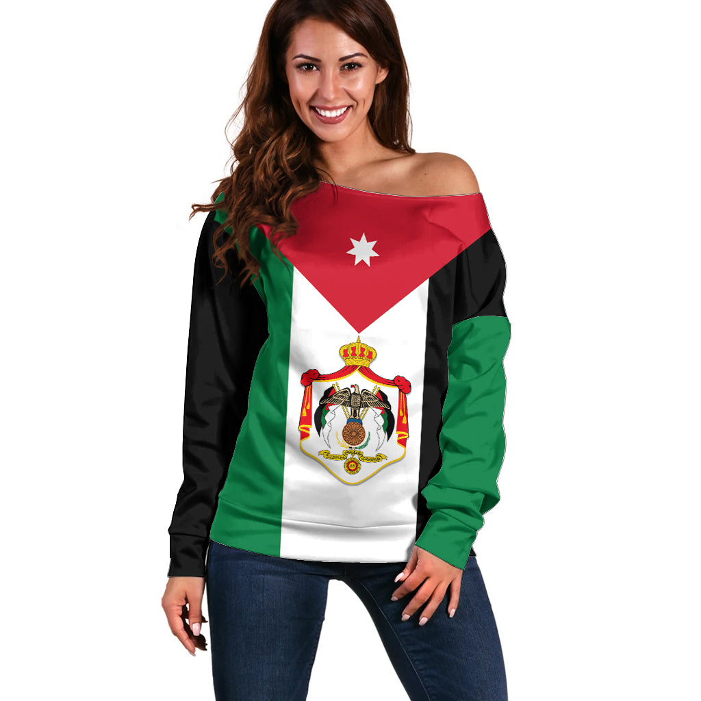 Hashemite Kingdom of Jordan Off Shoulder Sweater Jordan Flag Style - Wonder Print Shop
