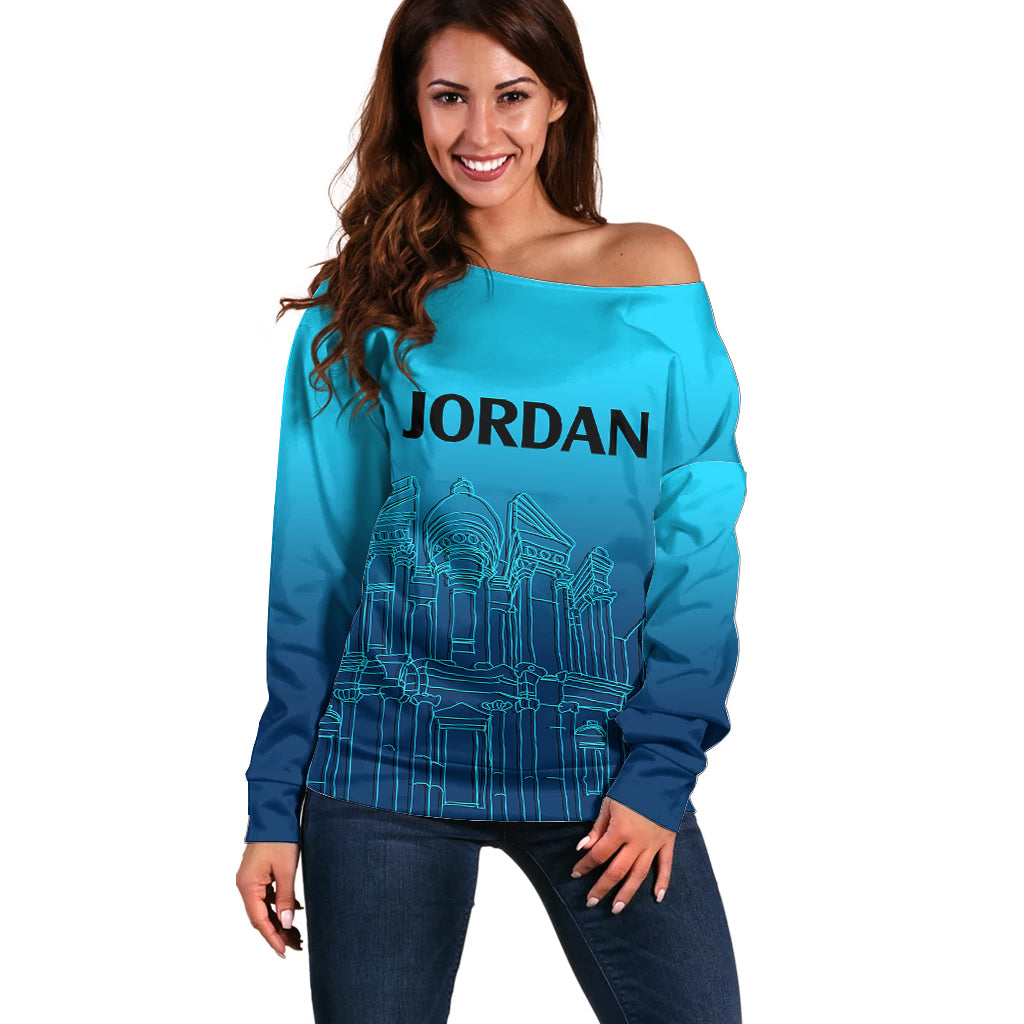 Jordan Off Shoulder Sweater Al-Khazneh in Jordan Blue Gradient - Wonder Print Shop